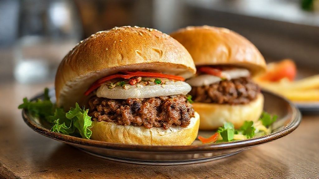 Mini pães dourados recheados com carne moída suculenta, servidos em bandeja elegante de festa