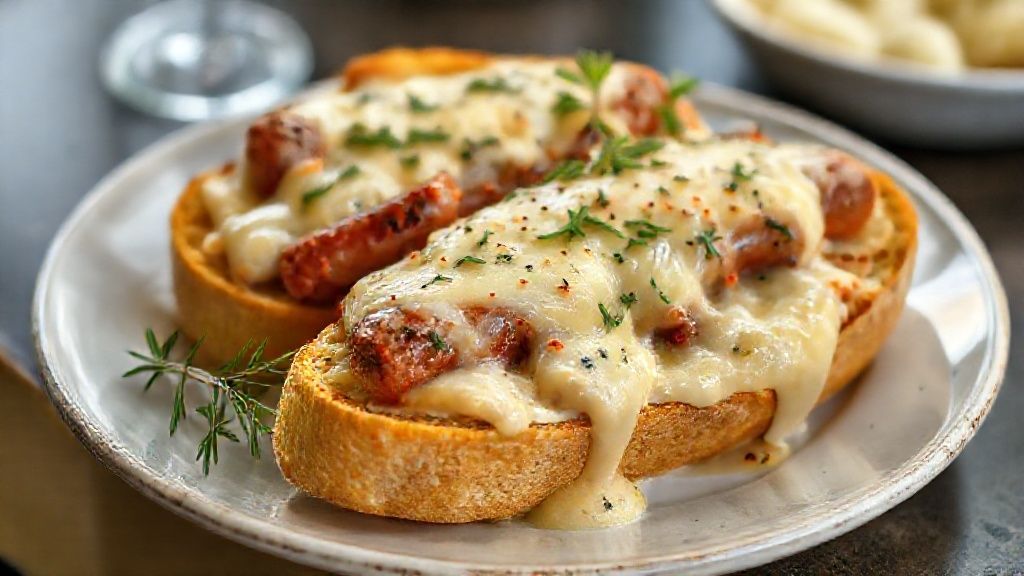 Pão de alho cremoso com calabresa dourado e gratinado, recheado com queijo derretido e crosta crocante, servido quente