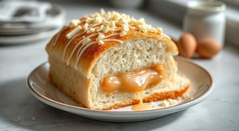 Pães de mel brancos cobertos por chocolate branco brilhante e recheados com doce de leite, dispostos em prato elegante.