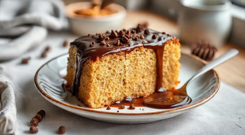 Pães de mel cobertos com chocolate brilhante e recheio de doce de leite, dispostos em uma bandeja charmosa