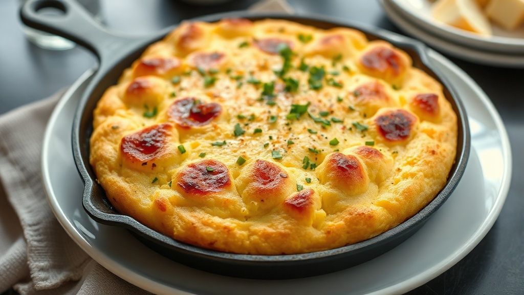 Pão de queijo na frigideira pronto, dourado e macio, servido em prato rústico com café ao lado