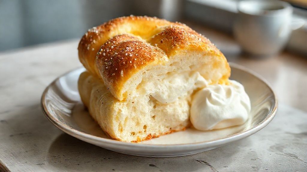 Pães doces dourados com creme brilhante no centro, servidos em uma travessa rústica sobre toalha clara