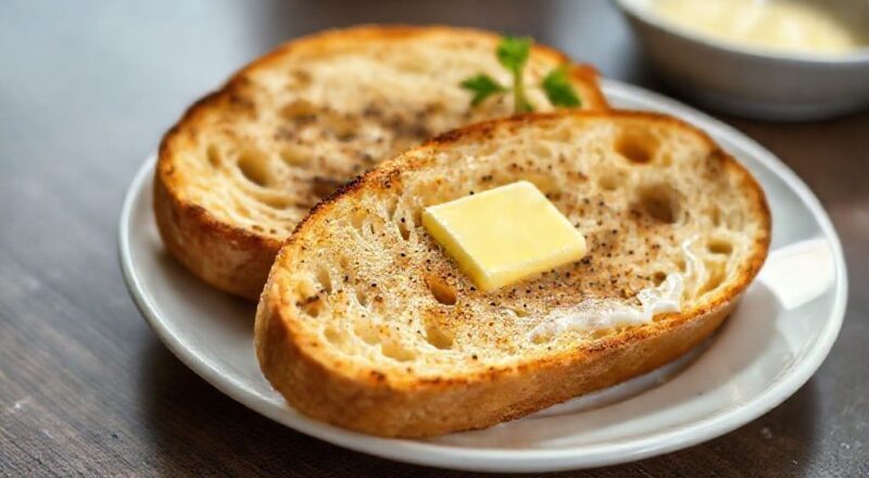 Pão francês dourado e crocante na chapa, com manteiga derretida e aroma irresistível