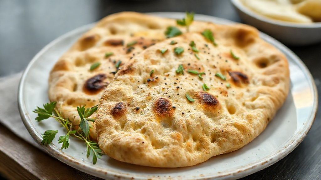 Pão pita caseiro dourado e macio servido empilhado em prato rústico, ideal para recheios e molhos