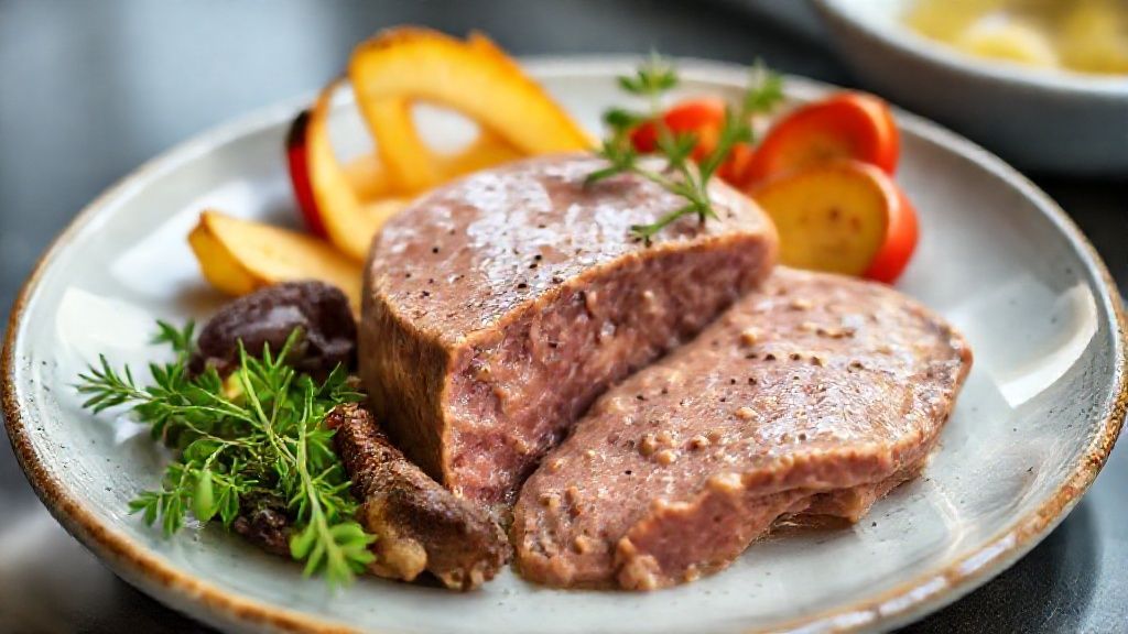 Patê cremoso de fígado bovino em tigela rústica, decorado com ervas e acompanhado de torradas douradas