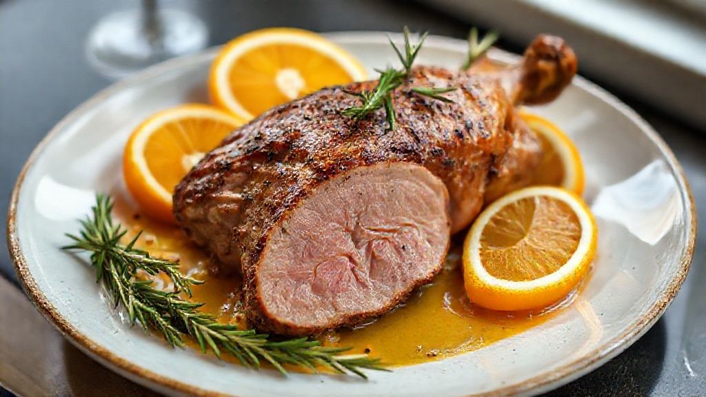 Pato assado com laranja e alecrim dourado, crocante e suculento, servido com molho cítrico e ramos de alecrim fresco