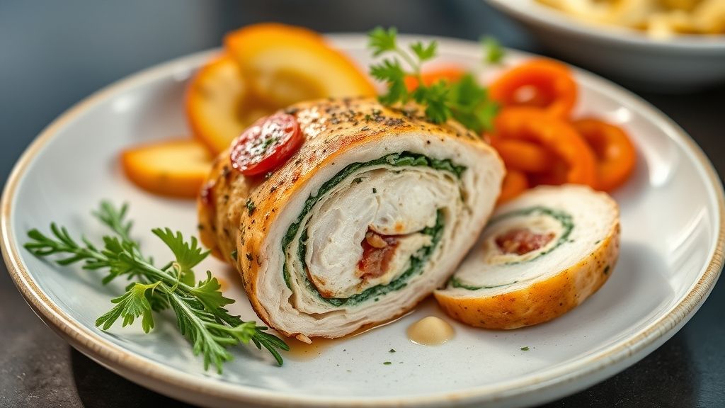 Prato de peito de frango recheado gratinado com queijo derretido e molho de tomate, dourado e apetitoso.