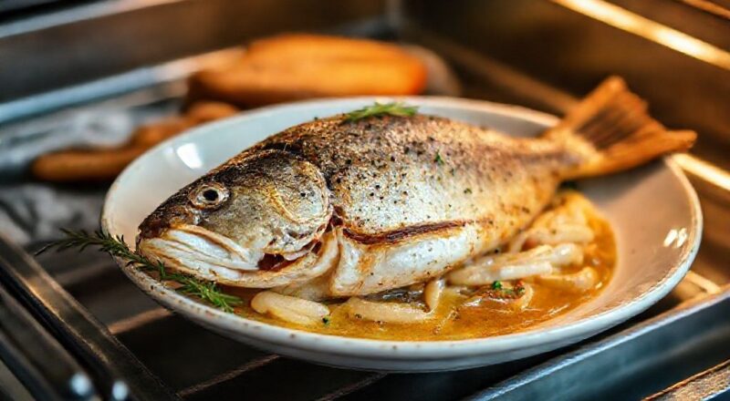 Peixe inteiro assado no forno, dourado, com legumes e ervas frescas, servido em travessa elegante.
