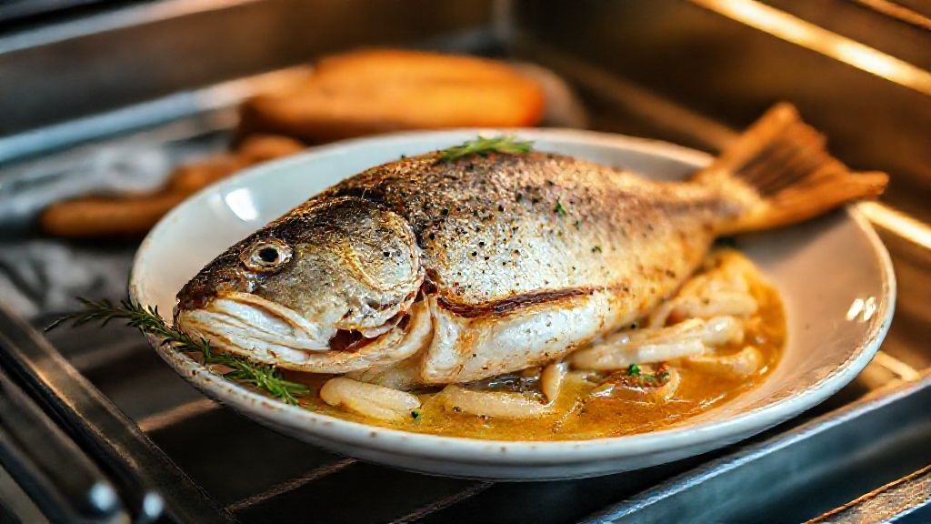 Peixe assado dourado no forno, suculento e aromático, mostrando a temperatura ideal para assar peixe no forno.