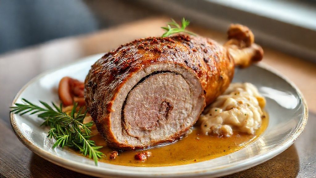 Pernil de porco assado recheado, dourado e crocante, servido em travessa com frutas e ervas aromáticas