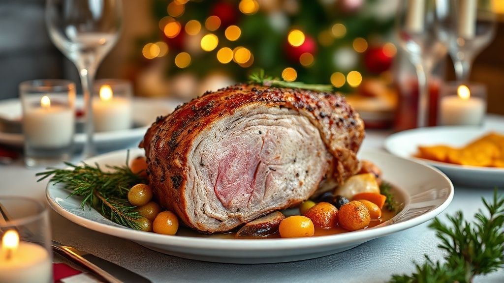 Pernil suíno assado dourado e suculento, decorado com frutas assadas e ervas em uma bela travessa natalina