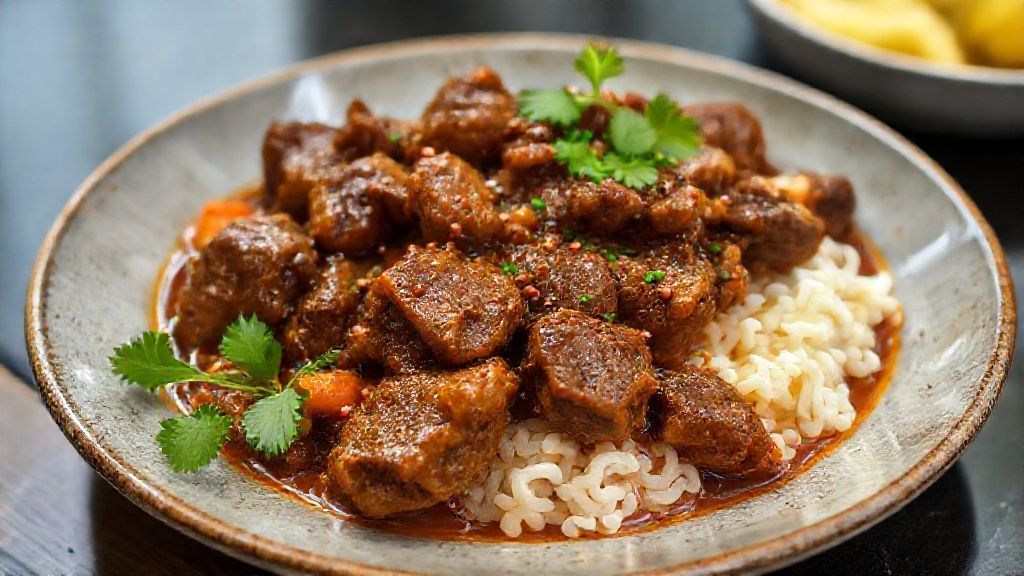 Prato de picadinho de carne pronto, com molho espesso, arroz branco, farofa e banana frita, servido em louça rústica