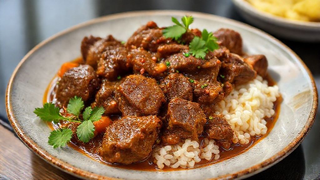Prato de picadinho de carne servido com arroz branco e farofa, com molho rico e legumes no ponto certo