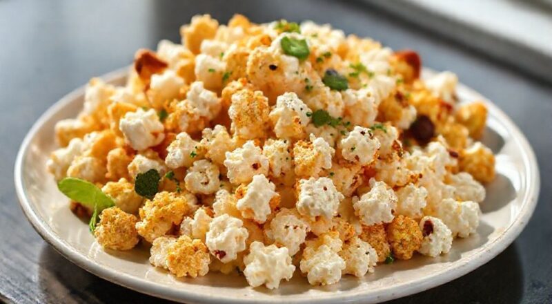 Tigela de pipoca gourmet colorida e brilhante, com coberturas doces e salgadas bem apresentadas