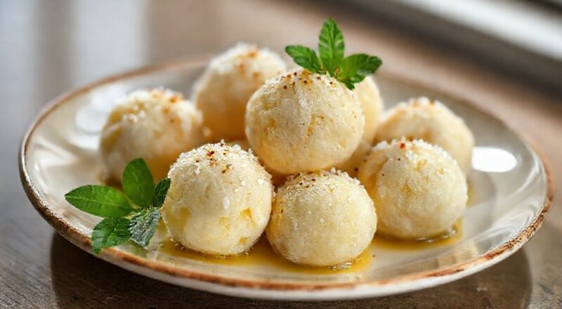 Pipoquinhas de polvilho douradas e crocantes servidas em tigela branca, com brilho de açúcar cristal e aspecto leve e apetitoso