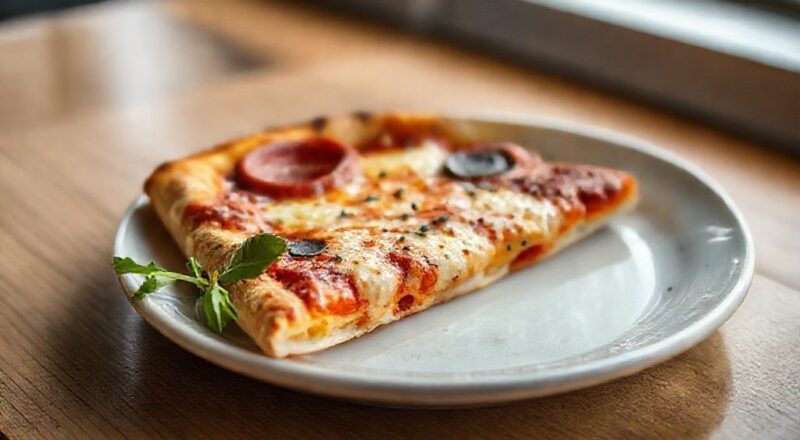 Fatia de pizza dourada e crocante servida em prato branco, com queijo derretido e aroma irresistível.