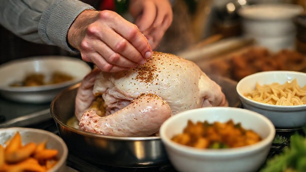 Mãos em ação temperando o peru e preparando os acompanhamentos da ceia