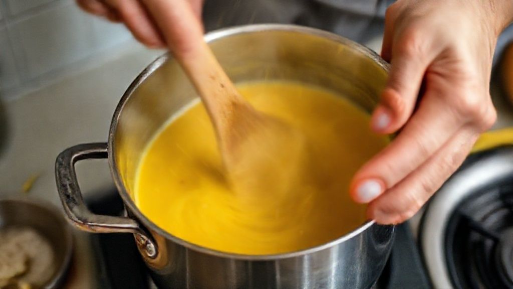 Mãos mexendo o leite com açafrão em panela pequena sobre o fogão