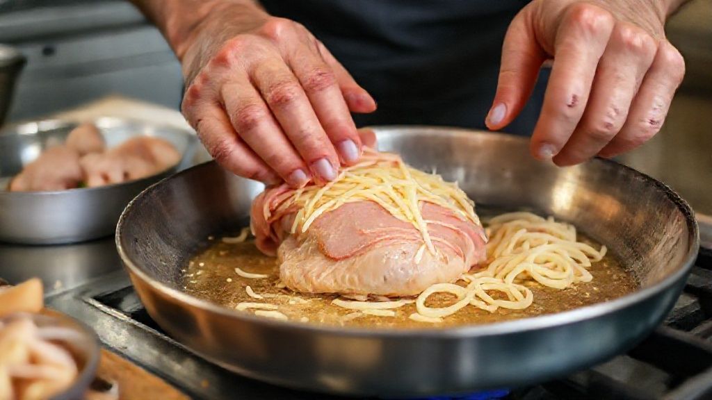 Mãos enrolando o filé de frango com presunto e queijo antes de empanar