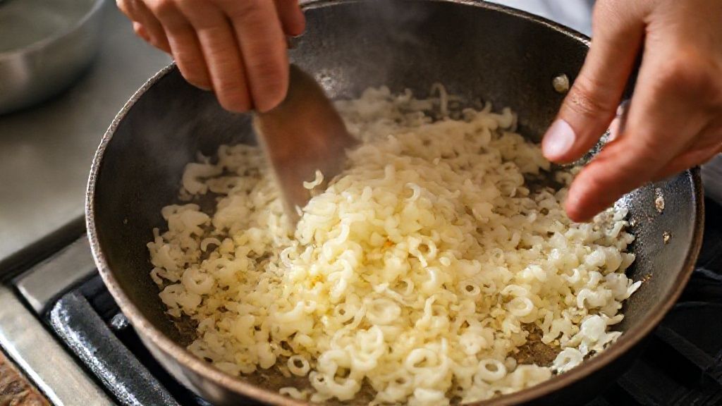 Mãos refogando cebola e alho em frigideira, iniciando o preparo da farofa natalina