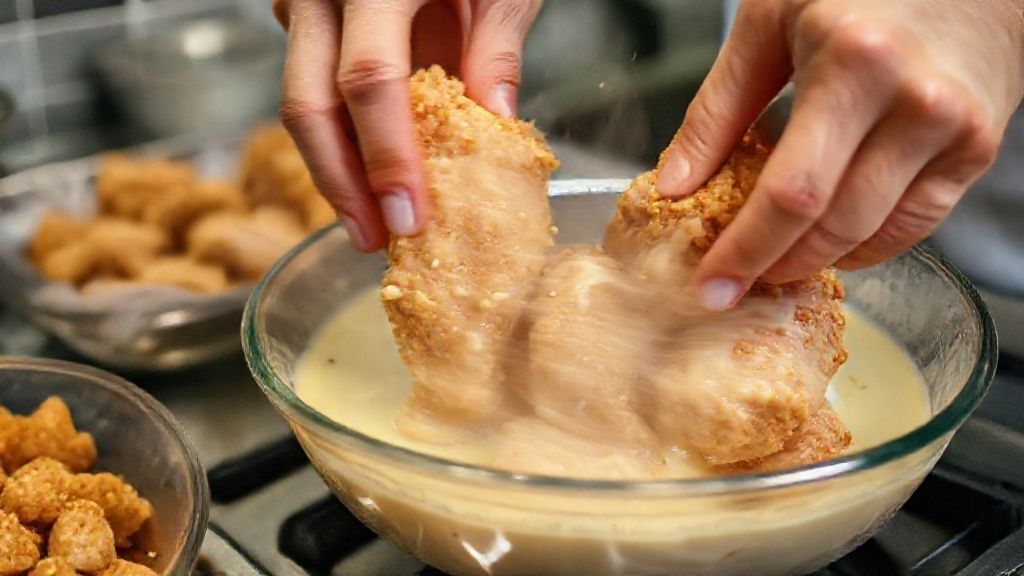 Mãos empanando pedaços de frango em creme de empanamento antes da fritura