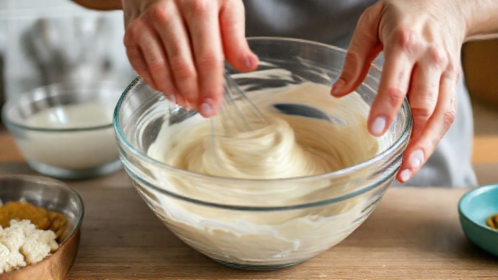 Mãos misturando a massa do lanche low carb em tigela de vidro durante o preparo