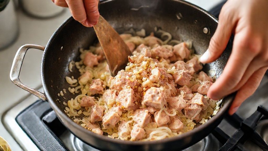 Mãos refogando alho e cebola em frigideira, adicionando o atum para preparar o molho.