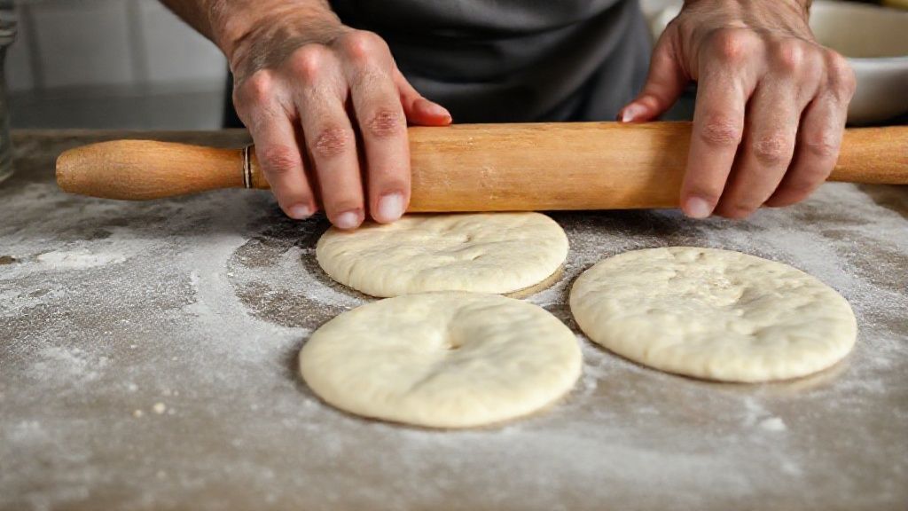 Mãos abrindo um disco de massa de pão pita com rolo, mostrando o passo do preparo antes de assar