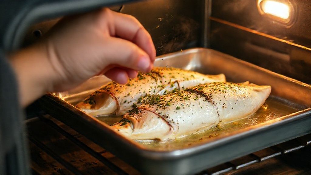 Mãos temperando o peixe com ervas e limão, mostrando o cuidado na preparação antes de assar.