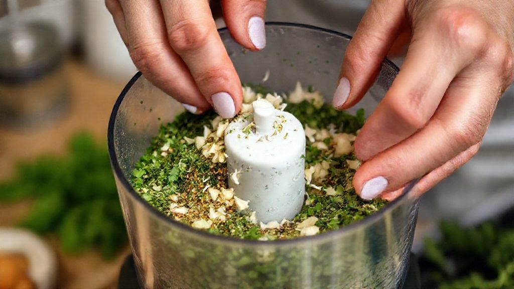 Mãos adicionando ervas e alho em um processador de alimentos durante o preparo do tempero