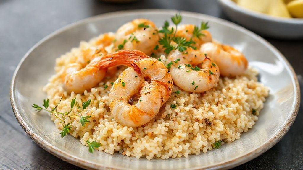 Prato com camarões grelhados e molho cremoso acompanhado de arroz, representando receitas com camarão