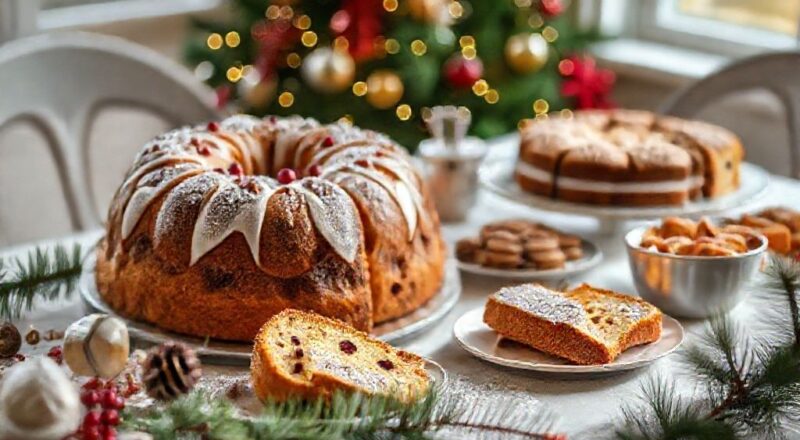 Mesa festiva com panetone trufado, rabanada, pavê e biscoitos natalinos decorados, prontos para venda