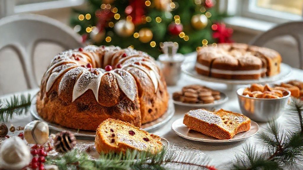 Mesa natalina com várias receitas de Natal para vender decoradas com confeitos e frutas, em clima festivo e apetitoso
