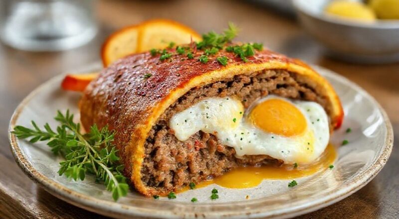 Rocambole dourado, fatiado e servido com molho, destacando o recheio de ovos e queijo derretido.