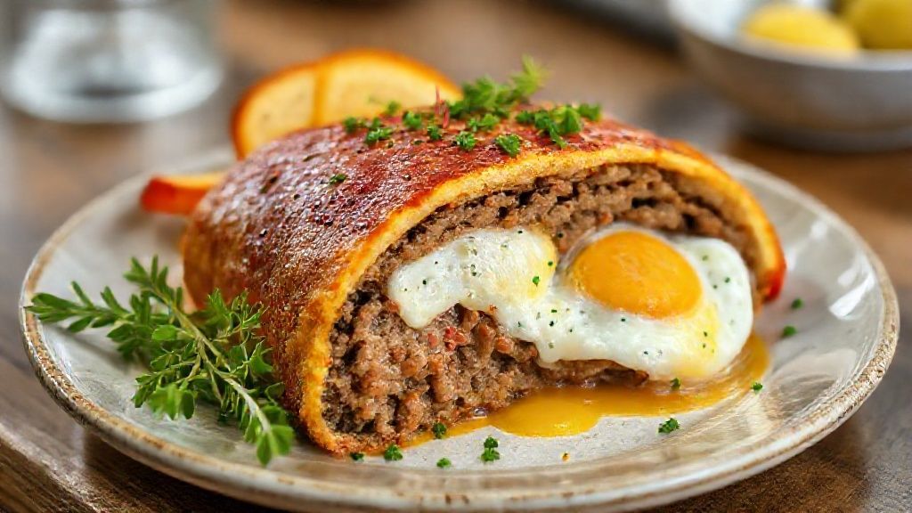 Rocambole de carne com ovos dourado e fatiado, mostrando o recheio cremoso e suculento, servido em prato rústico.