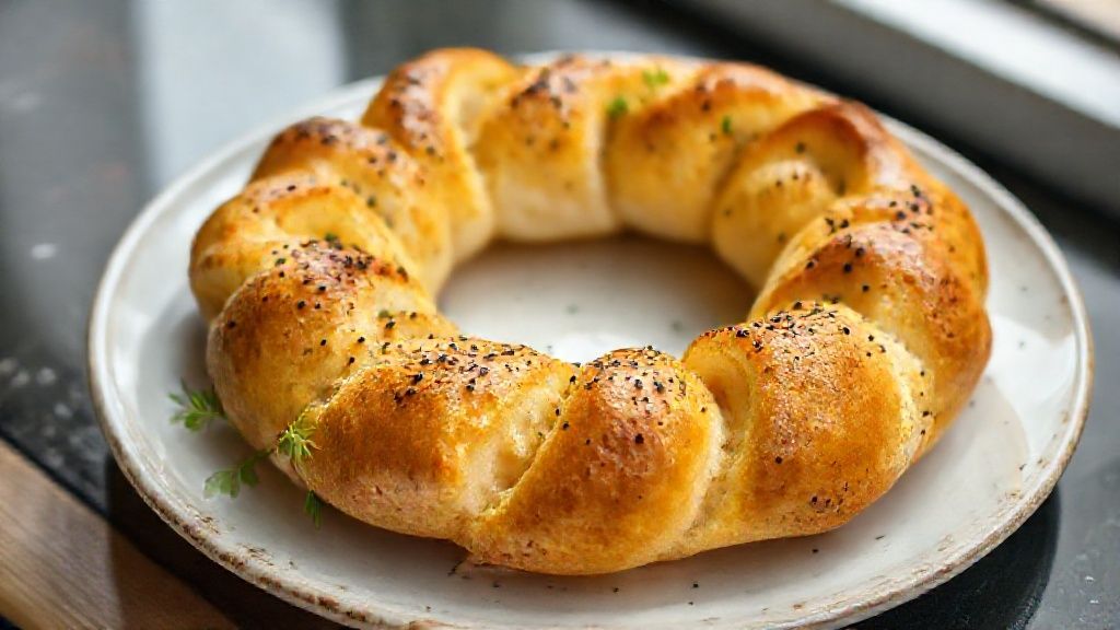 Rosca de pão de queijo dourada e crocante por fora, macia por dentro, servida em fatias sobre tábua rústica.