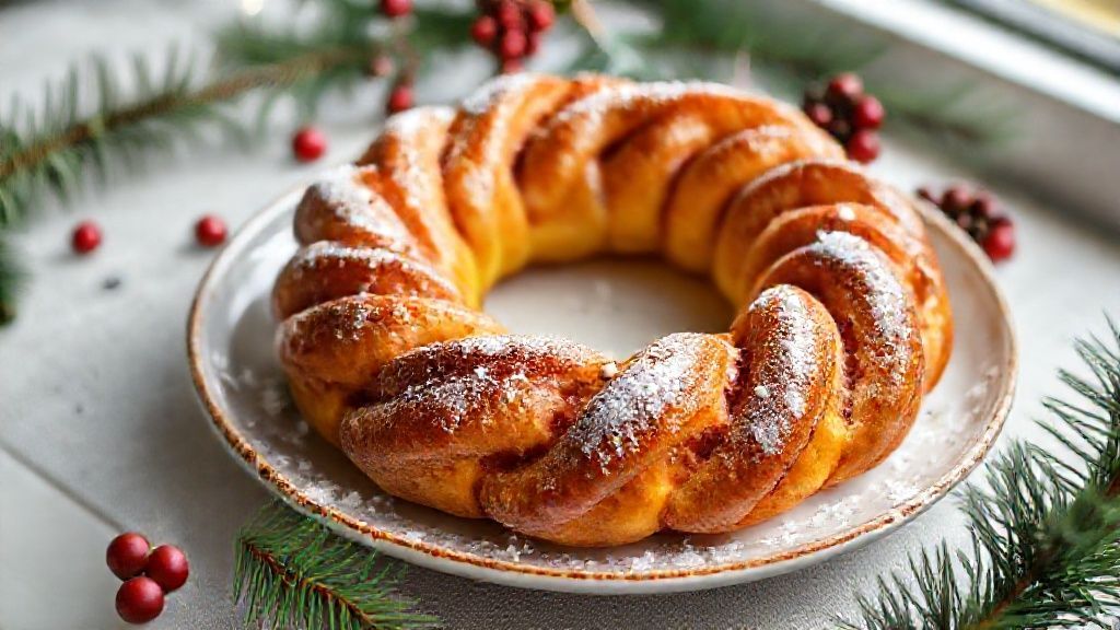 Rosca doce de Natal dourada, fofa e coberta com frutas cristalizadas e açúcar de confeiteiro