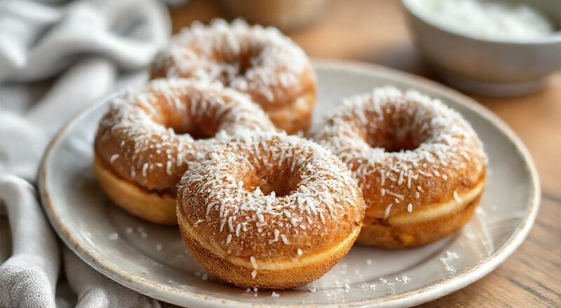 Rosquinhas douradas cobertas com coco, servidas em prato rústico com café fresco ao lado