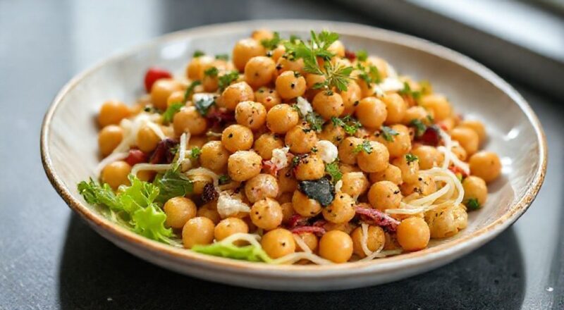 Tigela de salada de grão de bico colorida com legumes frescos, ovos de codorna e azeite, servida em uma mesa iluminada