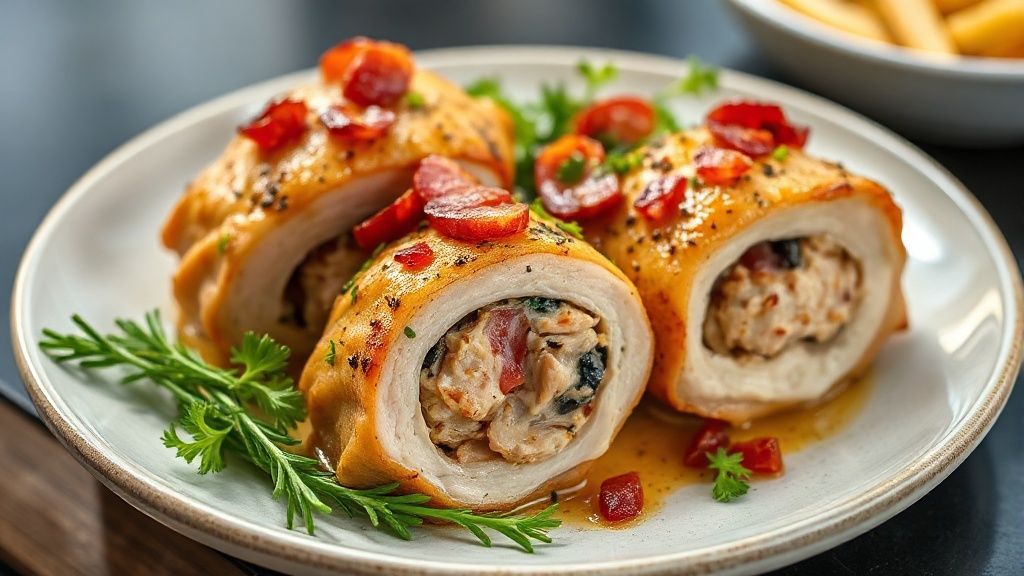 Sobrecoxas douradas e recheadas com bacon e queijo, servidas em um prato rústico com aparência suculenta e crocante