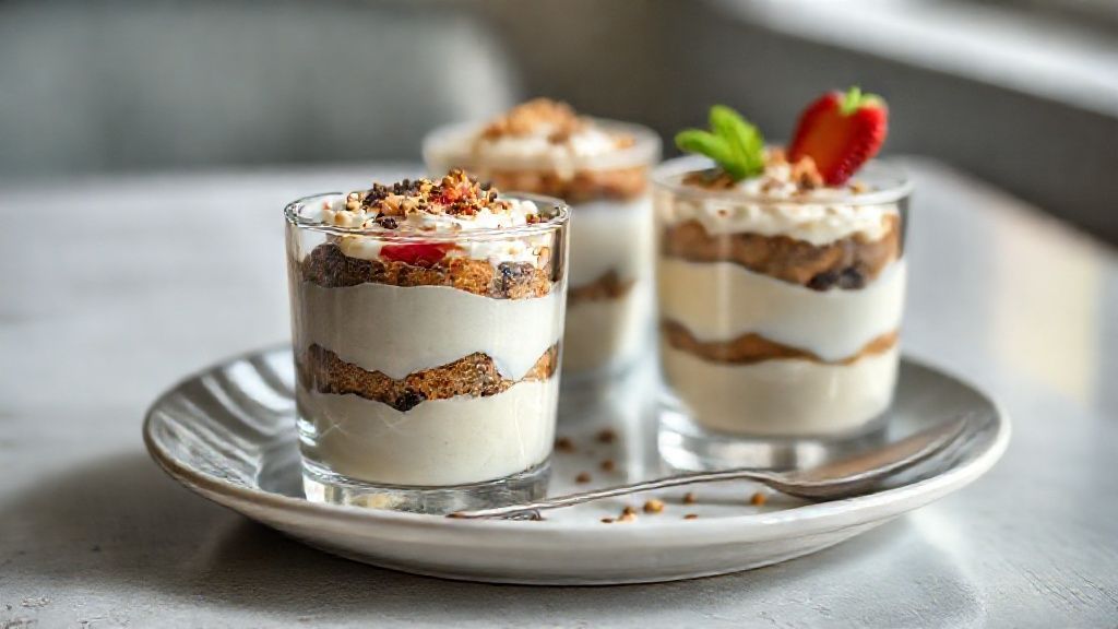 Camadas de creme branco, ganache e biscoito em copinhos de vidro decorados com raspas de chocolate