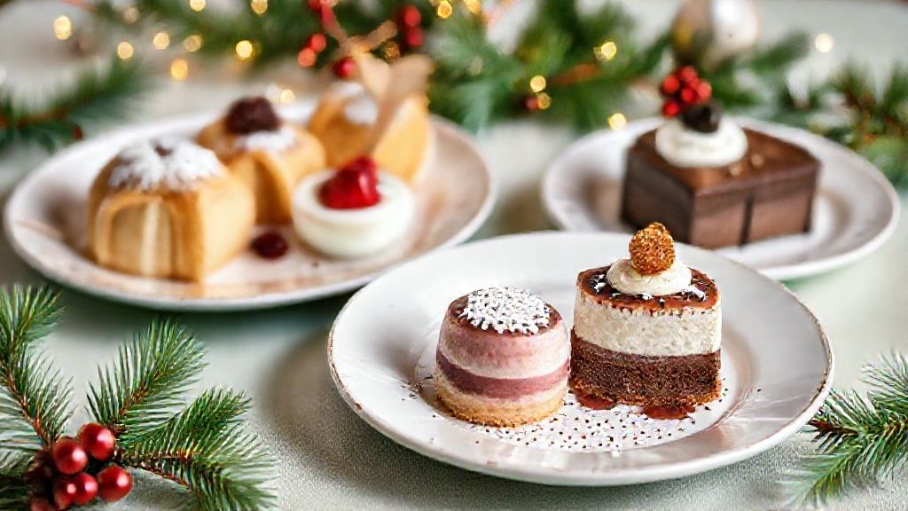 Seleção de sobremesas natalinas simples e coloridas dispostas em mesa decorada para o Natal