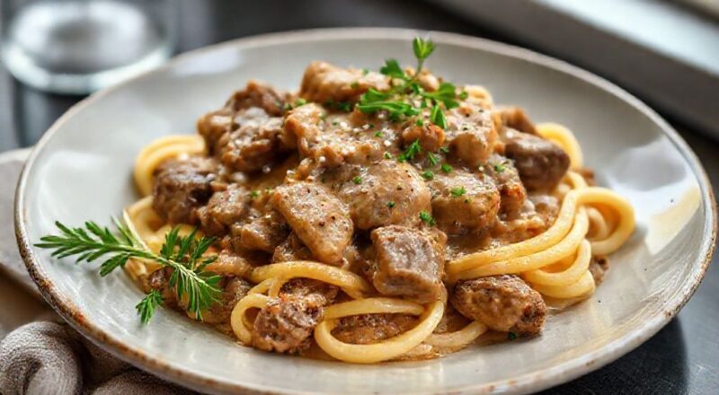 Strogonoff de carne cremoso servido com arroz e batata-palha, prato dourado e apetitoso