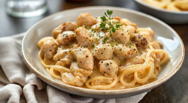 Strogonoff de frango cremoso servido com arroz branco e batata palha, bem apresentado e apetitoso