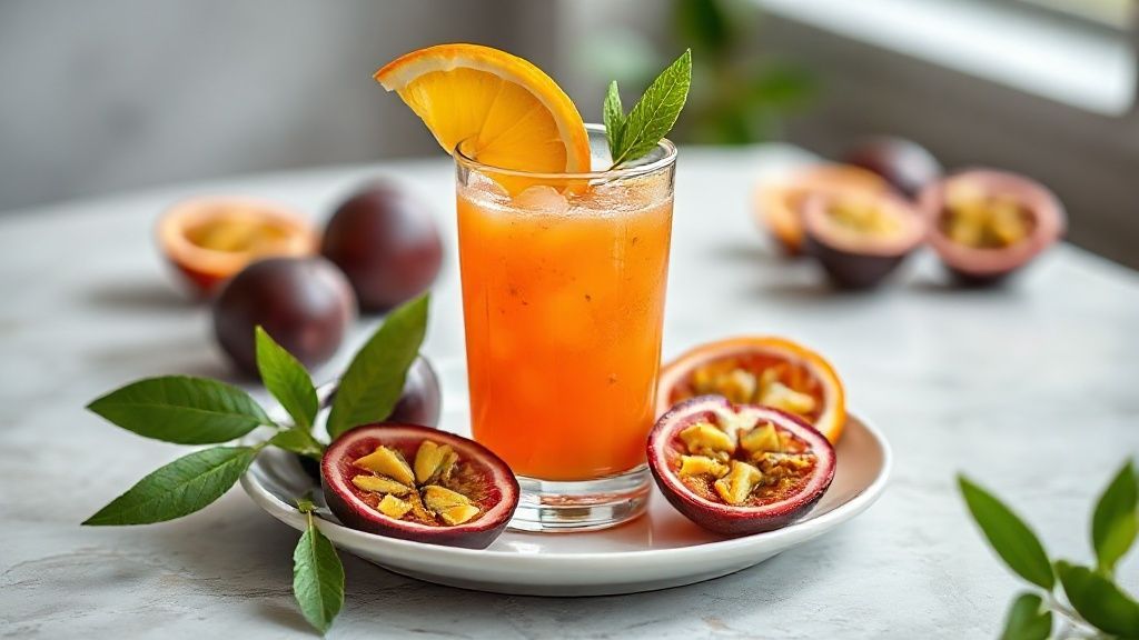 Copo de suco de maracujá natural, servido com gelo e folhas de hortelã, aparência refrescante e vibrante