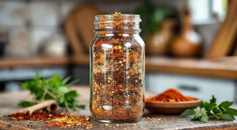 Pote de vidro com mistura colorida de especiarias, exibindo o tempero baiano pronto para uso