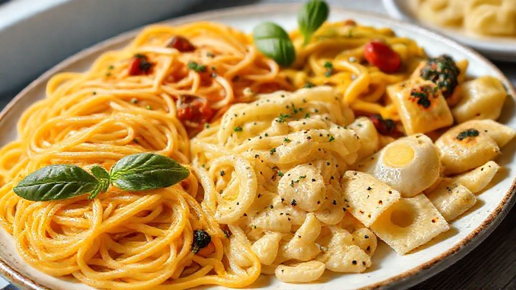 Prato colorido com variados tipos de macarrão cozido e bem apresentados com ingredientes frescos.