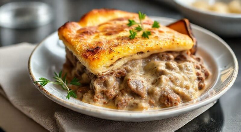Torta cremosa de carne seca dourada, cortada em quadrados, com recheio cremoso e textura aveludada