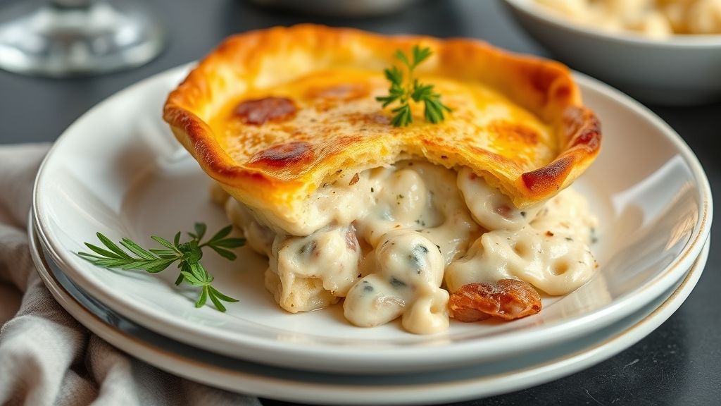 Torta salgada dourada, com recheio cremoso de queijo e cebola, servida em fatias apetitosas sobre prato branco