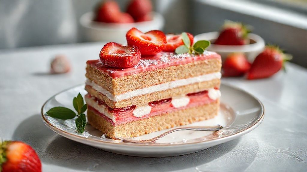 Torta de bolacha com morango decorada com chantilly e morangos frescos, servida em refratário de vidro